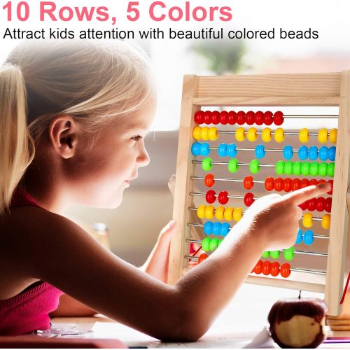  [아마존베스트]KIDWILL Kids Learning Toy, 10-Row Wooden Frame Abacus with Multi-Color Beads, Counting Sticks, Number Alphabet Cards, Manipulative Math Calculating Tool Gift for 3+ Old Boys Girls