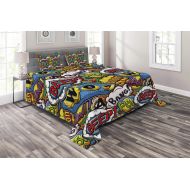 Lunarable Superhero Coverlet Set Queen Size, Comics Speech Bubbles Beep Wow with Vivid Old Effects Boys Supernatural Print, 3 Piece Decorative Quilted Bedspread Set with 2 Pillow S