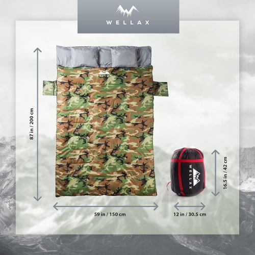  WELLAX Double Sleeping Bag for Camping, Backpacking or Hiking - Extra Large Camping Accessories for Couples for All Terrains and Weather - Camping