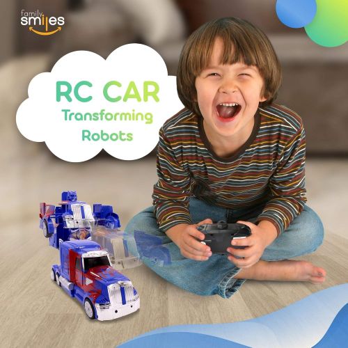  [아마존베스트]Family Smiles RC Toy Transforming Robot Remote Control (27 MHz) Truck with One Button Transformation, Realistic Engine Sounds and 360 Speed Drifting 1:14 Scale (Blue)