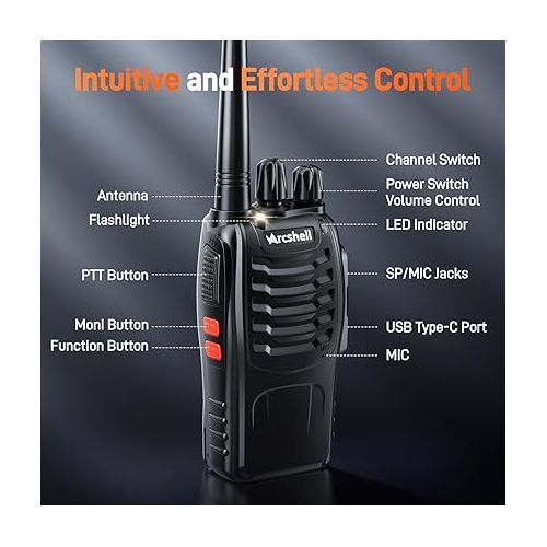  Rechargeable Long Range Two-Way Radios with Earpiece 6 Pack Arcshell AR-5 Walkie Talkies Li-ion Battery and Charger Included