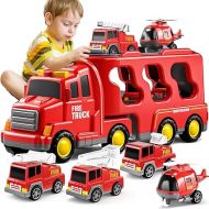 TEMI Fire Toys for 3 4 5 6 Years Old Boys Girls - 5 in 1 Carrier Truck Transport for Toddlers 1-3, Friction Power Vehicles for Kids 3-5, Christmas Birthday Gifts - Age 3-9