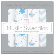 SwaddleDesigns Cotton Muslin Swaddle Blankets, Set of 4, Pastel Blue Nautical Little Ships Fun