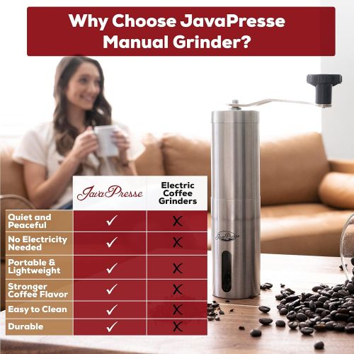  JavaPresse Manual Coffee Bean Grinder with Adjustable Settings Patented Conical Burr Grinder for Coffee Beans Stainless Steel Burr Coffee Grinder for Aeropress Drip Coffee Espresso