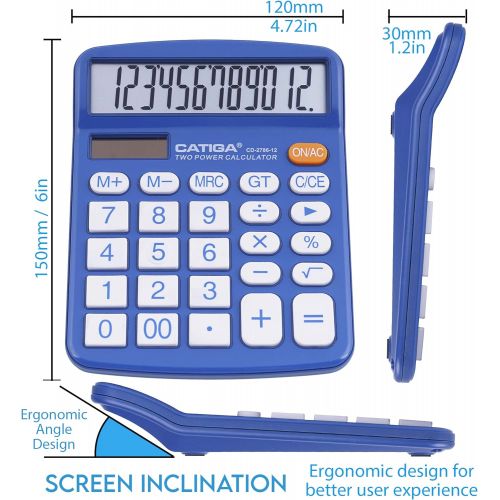  CATIGA Desktop Calculator 12 Digit with Large LCD Display and Sensitive Button, Solar and Battery Dual Power, Standard Function for Office, Home, School, CD-2786 (Blue)