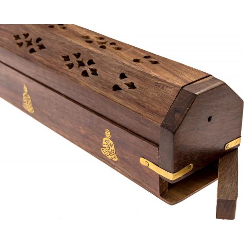  인센스스틱 Alternative Imagination Buddha Brass Inlay Design - Wooden Coffin Incense Burner for Incense Sticks and Cones, with Storage Compartment