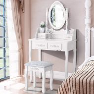 Mecor Dressing Table with Oval Mirror,Vanity Table Set/Cushoined Stool Bedroom Wood Makeup Table with 4 Drawers White