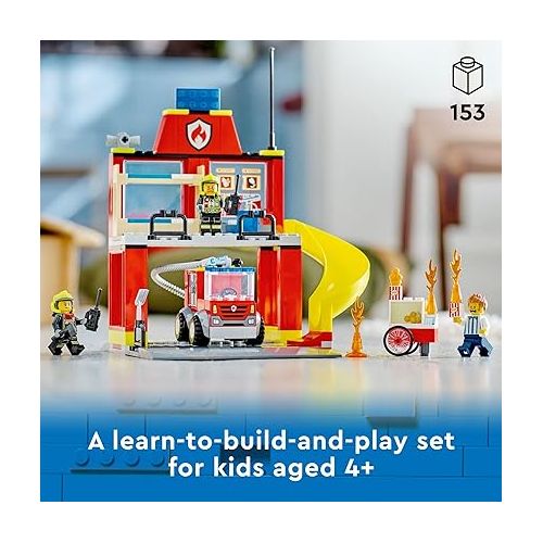  Lego City Fire Station and Fire Engine 60375, Pretend Play Fire Station with Firefighter Minifigures, Educational Vehicle Toys for Kids Boys Girls Age 4+