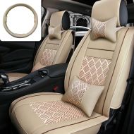 Fly5D Car Seat Cover Cushions FLY5D 10Pcs PU Leather Ice Silk Auto Car Front Rear Seat Covers Full Sets Universal Fit For 5 Seats Vehicle Car Models (Beige)