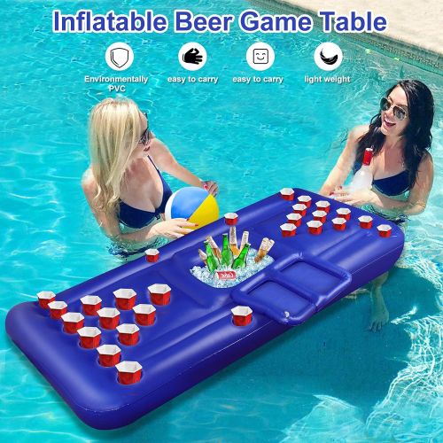  Wodesid 6 Feet Floating Beer Pong Table 28 Cup Holders Inflatable Beer Pong Pool Games Float for Summer Party Pool Float, Cooler, Pool Party Lounge Raft (6FT Inflatable)