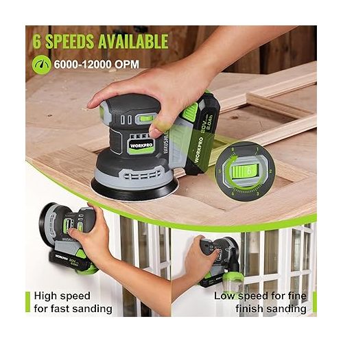  WORKPRO Cordless Random Orbital Sander Brushless 6 Variable Speeds 6000 to 12000 OPM, 20V 5in Electric Orbit Sander for Woodworking with Battery, Charger, Dust Collector, Tool Bag,15 Pcs Sanding Discs