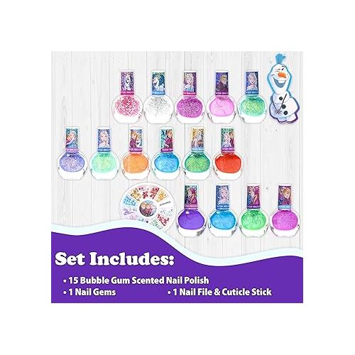  Townley Girl Disney Frozen Non-Toxic Peel-Off Nail Polish Set with Shimmery and Opaque Colors with Nail Gems for Girls Ages 3+, Perfect for Parties, Sleepovers and Makeovers, 18 Pc Set