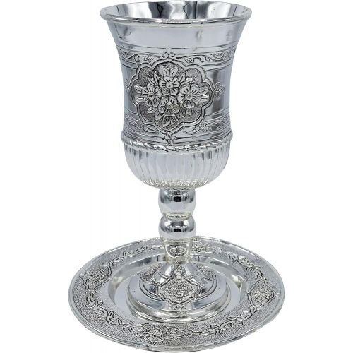 [아마존베스트]Ner Mitzvah Tall Kiddush Cup and Tray - Premium Quality Silver Plated Goblet With Stem - Shabbat and Havdalah Goblet - Judaica Shabbos and Holiday Gift