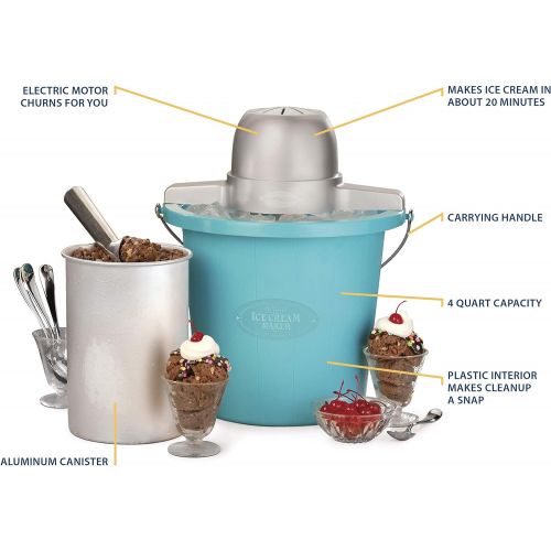  [아마존베스트]Nostalgia Electric Ice Cream Maker With Easy-Carry Handle Makes 4-Quarts In Minutes, Frozen Yogurt, Gelato  Blue