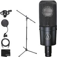 Audio-Technica AT4040 Cardioid Condenser Mic with Shock Mount + Mic Stand + On Stage ASVS4B 4-Inch Pop Filter + Clean Cloth