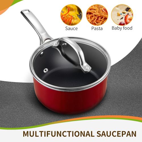  N++A Nonstick Saucepan with Lid, Cooking Pans 2.5 Quart, PFOA Free Induction Pan, Suitable for Gas, Electric, Induction Cooktops, Dishwasher Safe, Red