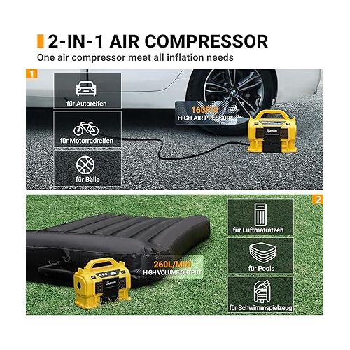  AstroAI Tire Inflator Air Compressor Portable Cordless Car Tire Pump 160 PSI 3 Power Supply DC/AC/ 20V Battery with Dual Metal Motors & LCD Pressure Gauge for Tires & Inflatables Yellow