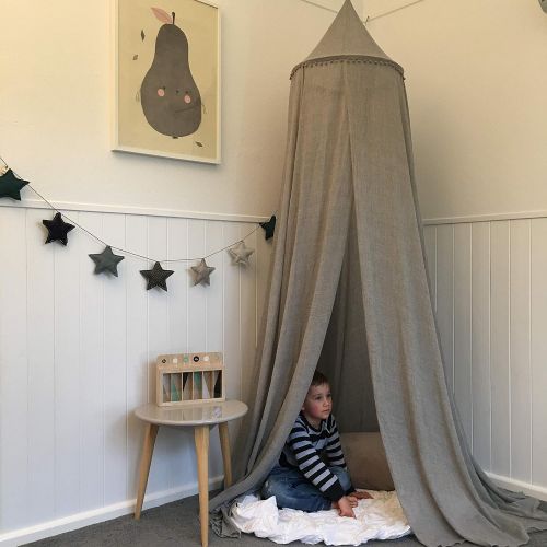  [아마존베스트]Zeke and Zoey Hanging Grey Bed Canopy with Pom Poms, Drapes -Hideaway Tent Canopies for Girls, Boys, Kids Rooms, Beds or Cribs. Nursery Decoration- Sheer, Flowing -Child, Play, Rea