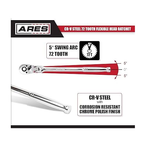  ARES 42027 - Flex Head Ratchet - 1/2-inch Drive 72-Tooth Ratchet - Premium Chrome Vanadium Steel Construction & Chrome Plated Finish - 72-Tooth Quick Release Reversible Design with 5 Degree Swing