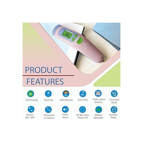  Amplim Ampmed Non Contact/No Touch Digital Forehead Thermometer for Adults, Kids, and Babies, Touchless Temporal Thermometer with Storage Case. FSA HSA Approved - Pink