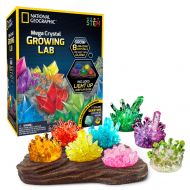NATIONAL GEOGRAPHIC Mega Crystal Growing Lab - 8 Vibrant Colored Crystals To Grow with Light-Up Display Stand & Guidebook - Includes 5 Real Gemstone Specimens Including Amethyst &