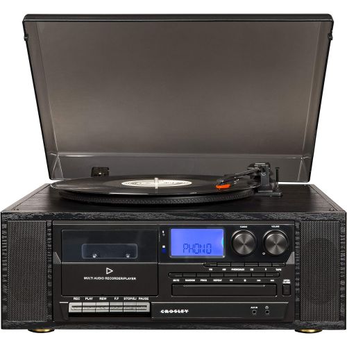 크로슬리 Crosley CR7010A-BK Ridgemont 3-Speed Turntable with Bluetooth, AM/FM Radio, CD Player, Cassette Deck, and Aux-in