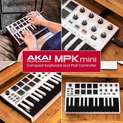  Akai Professional MPK Mini MKII LE White | White, Limited Edition 25 Key Portable USB MIDI Keyboard With 8 Backlit Performance Ready Pads, 8 Assignable Q Link Knobs & A 4 Way Thumb