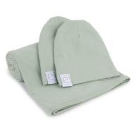 Cotton Knit Jersey Swaddle Blanket and 2 Beanie Baby Hats Gift Set, Large Receiving Blanket by Elys & Co (Sage)