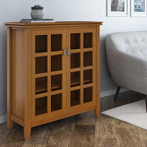  SIMPLIHOME Artisan SOLID WOOD 38 inch Wide Transitional Medium Storage Cabinet in Honey Brown, with 2 Tempered Glass Doors, 4 Adjustable Shelves