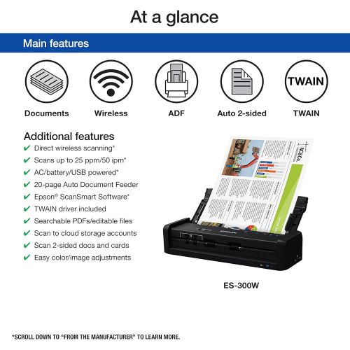 엡손 Epson WorkForce ES-300W Wireless Color Portable Document Scanner with ADF for PC and Mac, Sheet-fed and Duplex Scanning