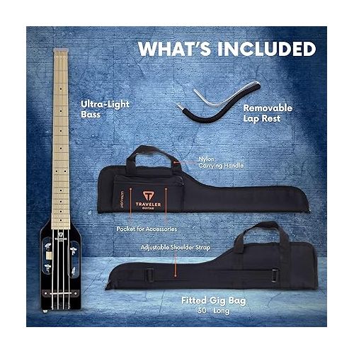  Traveler Guitar Ultra-Light Gloss Black Bass Guitar | Small Bass Travel Guitar with Removable Lap Rest | 30