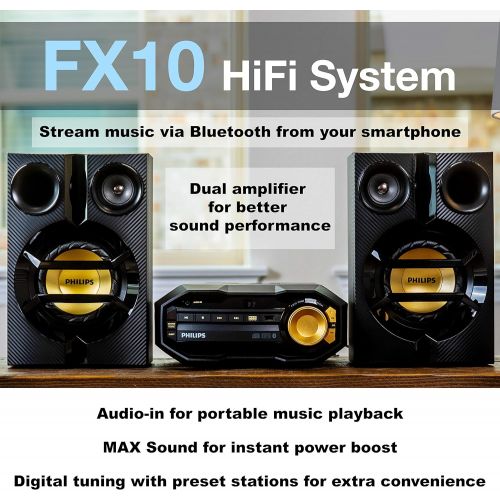 필립스 필립스 블루투스 스테레오 시스템 Philips FX10 Bluetooth Stereo System for Home with CD Player , MP3, USB, FM Radio, Bass Reflex Speaker, 230 W, Remote Control Included