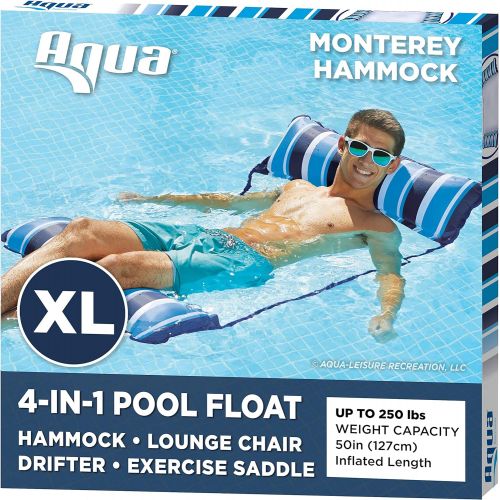  Aqua 4-in-1 Monterey Hammock XL (Longer/Wider) Inflatable Pool Chair, Adult Pool Float (Saddle, Lounge Chair, Hammock, Drifter), Water Hammock, Navy/White Stripe