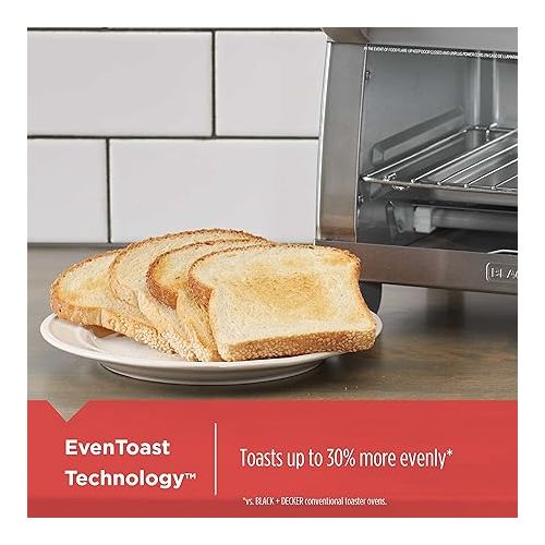  BLACK+DECKER 4-Slice Toaster Oven, TO1745SSG, Even Toast, 4 Cooking Functions Bake, Broil, Toast and Keep Warm, Removable Crumb Tray, Timer