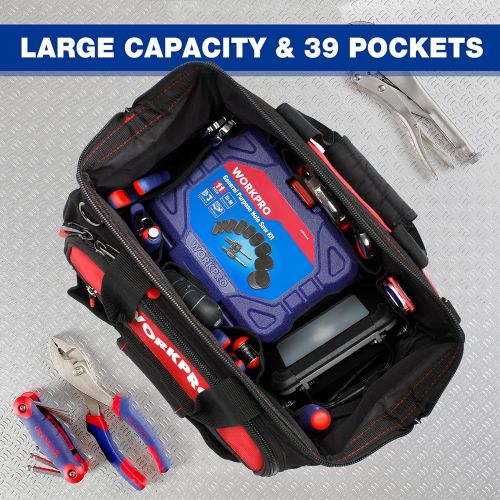  [아마존베스트]WORKPRO 16 Top Wide Mouth Tool Bag with Water Proof Rubber Base, Multi-Compartment, 46 Pockets, For Tool Organizer & Storage, W081122A