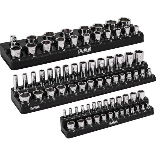 ARES 60034-3-Piece Black Metric Magnetic Socket Organizer Set - Includes 1/4-Inch, 3/8-Inch, and 1/2-Inch Socket Holders - Holds Standard Size and Deep Size Sockets - Keeps Your To