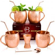 [아마존베스트]Copper-Bar Moscow Mule Copper Mugs - Set of 4 - 100% HANDCRAFTED Pure Solid Copper Mugs - 16 Oz Gift Set with Highest Quality Cocktail Copper Straws, Copper Stirrer & Copper Jigger by Copper-