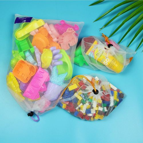  [아마존베스트]K Kichuzl 10-Piece Mesh Beach Toy Bag Set - 2 Large, 5 Medium, 3 Small Drawstring Netted Sand, Pool and Bathtub Toy Bags - Portable, Heavy-Duty Bath Tub Baby Toy Organizer Holder S