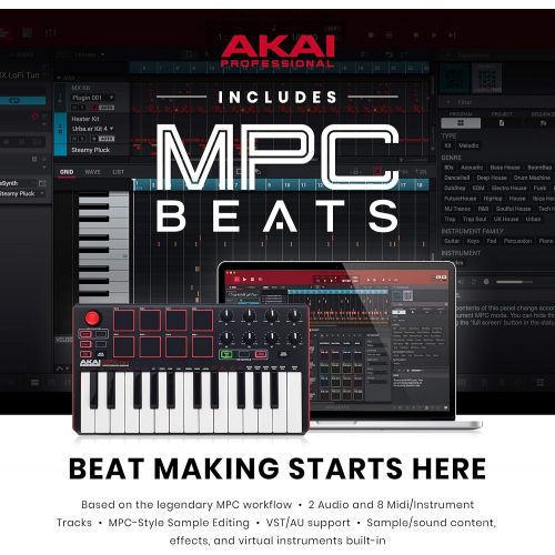  Akai Professional MPK Mini MKII LE White | White, Limited Edition 25 Key Portable USB MIDI Keyboard With 8 Backlit Performance Ready Pads, 8 Assignable Q Link Knobs & A 4 Way Thumb
