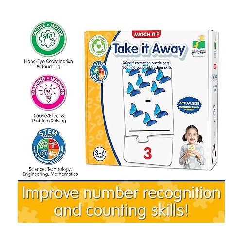  Learning Journey International Match It! Take It Away - STEM Subtraction Game - Helps to Teach Early Math Facts with 30 Matching Pairs ? Preschool Games & Gifts for Kids Ages 3 and Up, Multicolor