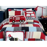 Authentic Cozy Line Home Fashions 5-Piece Quilt Bedding Set, Blue Red Cars Truck Fire Station Dog 100% Cotton Bedspread Coverlet Set (Twin- 5 Piece: 1 Quilt + 1 Standard Sham + 3 Decorative