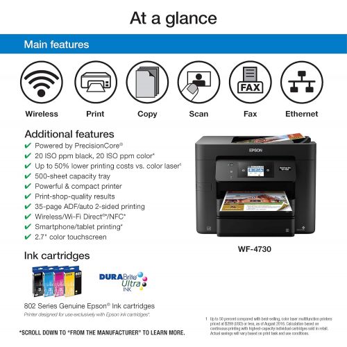 엡손 [아마존베스트]Epson WorkForce Pro WF-4730 Wireless All-in-One Color Inkjet Printer, Copier, Scanner with Wi-Fi Direct, Amazon Dash Replenishment Ready