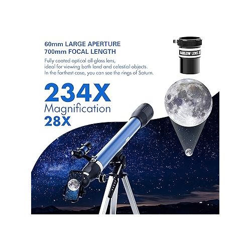  Aomekie Telescope for Adults Astronomy Beginners 700mm Focal Length 234X Magnification Travel Scope Refractor Telescopes with Adjustable Tripod 10X Phone Adapter Erect Finderscope and Carrying Bag
