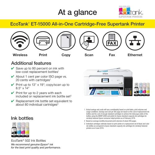 엡손 [아마존베스트]Epson EcoTank ET-15000 Wireless Color All-in-One Supertank Printer with Scanner, Copier, Fax, Ethernet and Printing up to 13 x 19 Inches, Works with Alexa