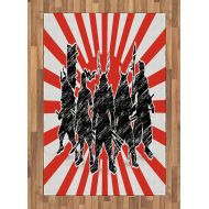 Ambesonne Japanese Area Rug, Group of Samurai Ninja Posing and Getting Ready on Unusual Striped Retro Backdrop, Flat Woven Accent Rug for Living Room Bedroom Dining Room, 4 X 5 7,