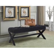 Iconic Home Dalit Updated Neo Traditional Polished Nailhead Tufted Linen X Bench, Black