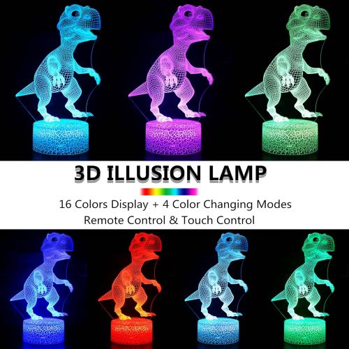  [아마존베스트]RONGGE Children 3D Illusion Lamp Remote Control Dinosaur Night Light for Kids