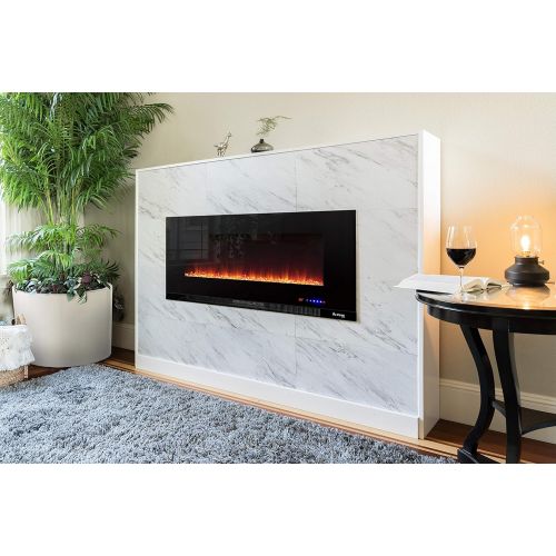  e Flame USA Livingston 50 inch Wall Mount LED 3 D Electric Fireplace Stove with Timer and Remote 3 D Log and Fire Effect