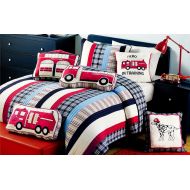 Cozy Line Home Fashions 7-Piece Quilt Bedding Set, Blue Red Cars Truck Fire Station Dog Hero 100% COTTON Bedspread Coverlet Set, Gifts for Kids Boys(Twin- 7pc: 1 quilt + 1 sham + 5
