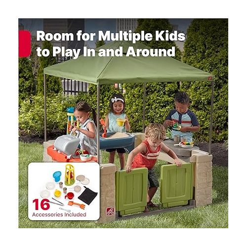 스텝2 Step2 All Around Playtime Patio with Canopy, Kid Indoor and Outdoor Kitchen Playset, Sensory Playhouse, Kids Ages 2+ years old, Easy Assembly, Green